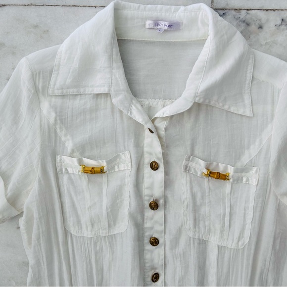 Lucy Paris Romper Shorts White Sheer Short Sleeve Women L Beach Coastal Resort - Picture 5 of 12